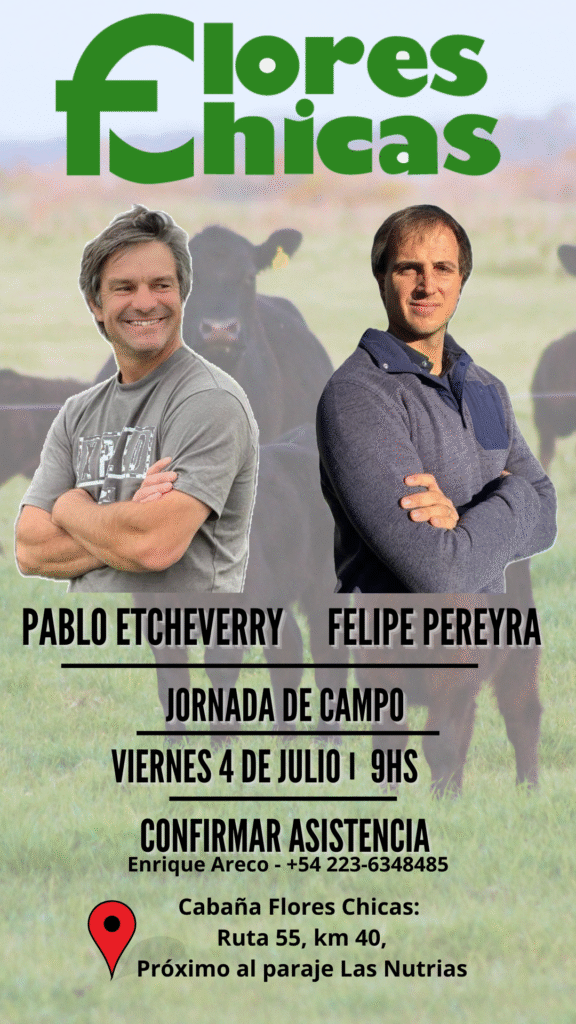 🌾✨ Te queremos invitar a compartir una mañana distinta en la cabaña ✨🌾 Vamos a estar charlando sobre las novedades de la cabaña, los nuevos proyectos de selección y las tecnologías ganaderas más innovadoras que estamos incorporando. 📅 ¿Cómo va a ser el día? ☕ Desayuno de Bienvenida — 9:00 hs 🎓 Felipe Pereyra: Nutrición y Manejo: asentando las bases para una Cría Exitosa — 9:30 a 10:30 hs 💡 Pablo Etcheverry: Imaginación + Procesos Ordenados — 10:45 a 11:45 hs 🍽 Almuerzo — 12:00 a 13:00 hs 🌿 Recorrida por el Campo — 13:00 a 14:30 hs 📍 Ubicación: Cabaña Flores Chicas (https://www.google.com/maps/search/?api=1&query=Caba%C3%B1a+Flores+Chicas) ✨ Nos encantaría que vengas, que traigas tus preguntas y tus ganas de charlar y compartir. 🙏 Por favor, confirmá tu asistencia escribiendo al ‪+54 223-6348485‬ (Enrique Areco). ¡Te esperamos! 🐂🌱